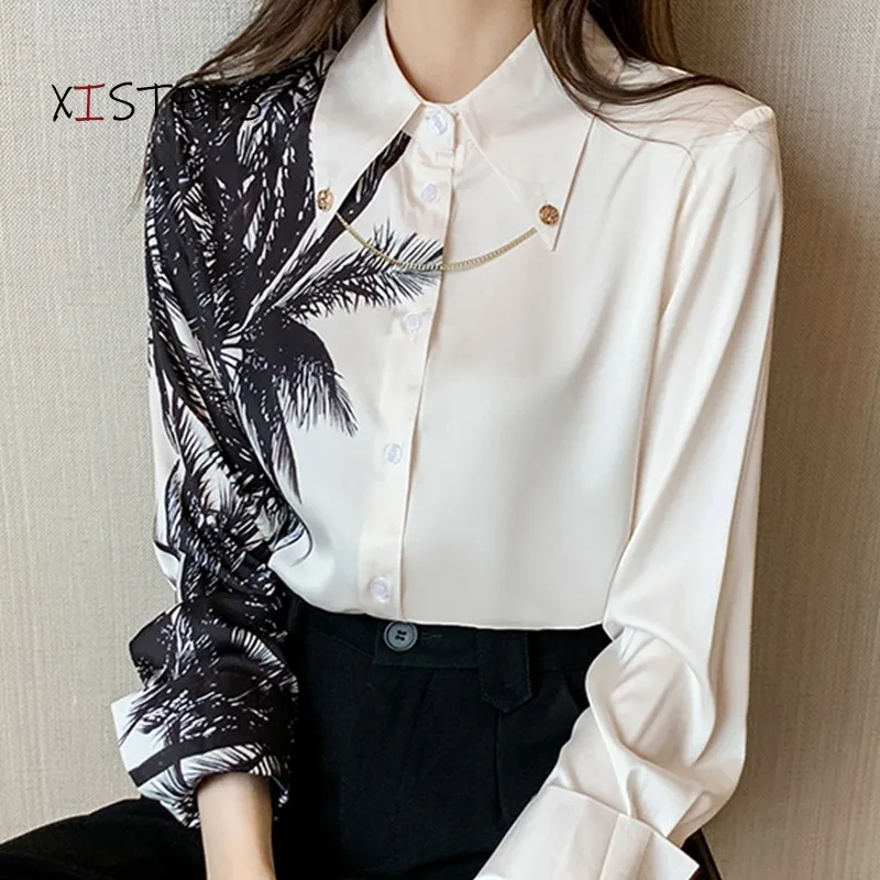 

Шелковые рубашки с цепочкой для женщин 2021 элегантные блузки шифоновые рубашки с принтом женские топы в офисном стиле атласная блузка Топы О...