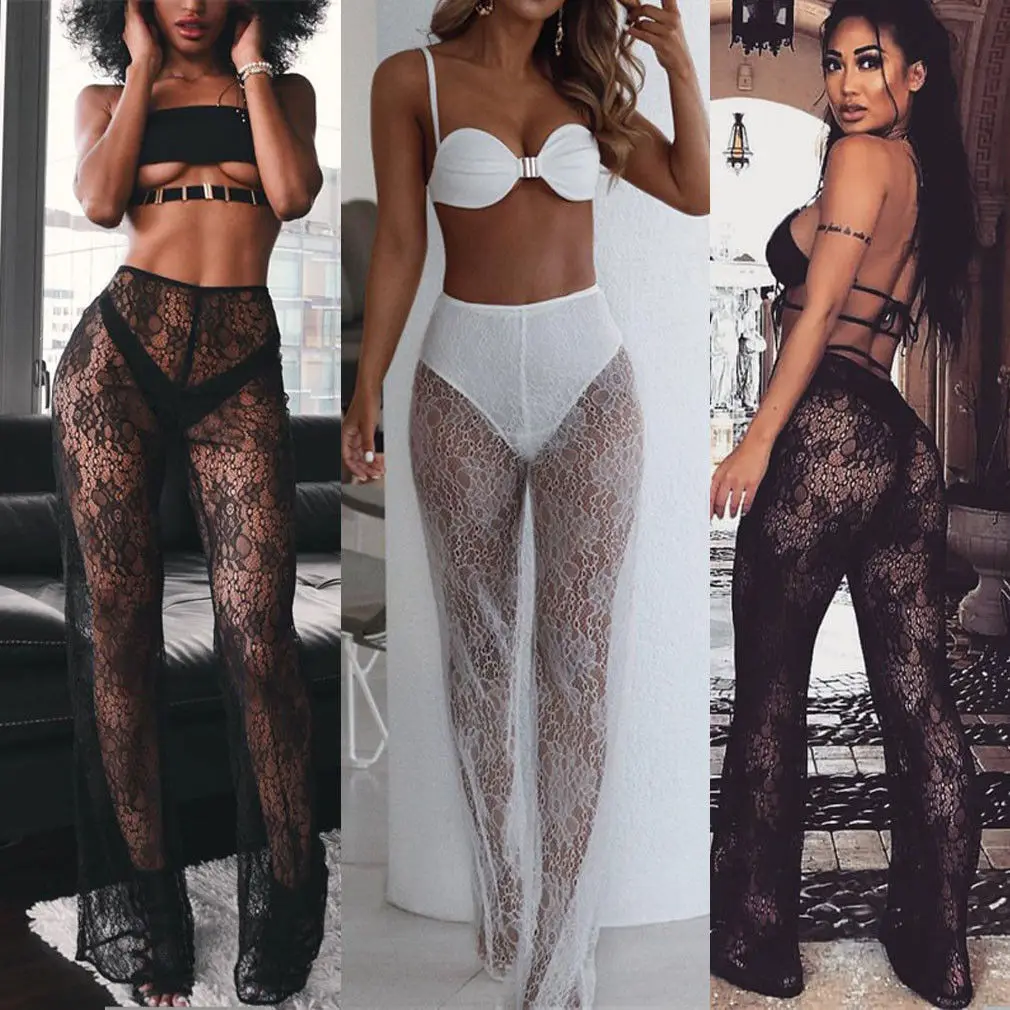 

Sexy Women Crochet Lace Mesh Pants Beach Cover Up Pants Hollow Out Transparent Long Beach Fishnet Trousers Swimwear