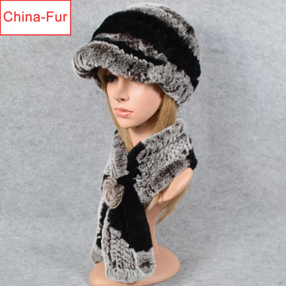 2021 Лидер продаж вязаный Настоящий мех кролика шапка и шарф Для женщин зимняя из