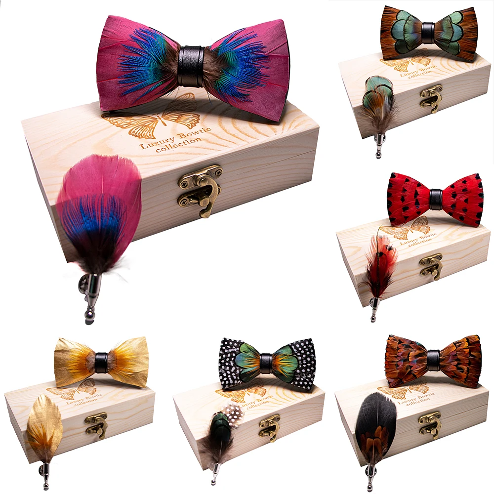 KAMBERFT 67 style New Design Natural Feather Bow tie Exquisite HandMade Mens BowTie Brooch Pin Wooden Gift Box Set for Wedding