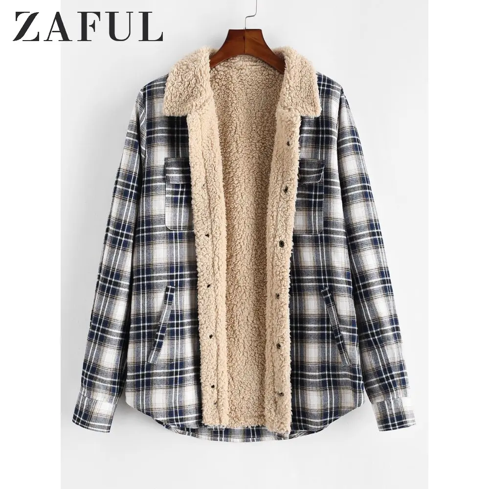 ZAFUL мужская куртка клетчатый узор Повседневная Кнопка пушистая отложной