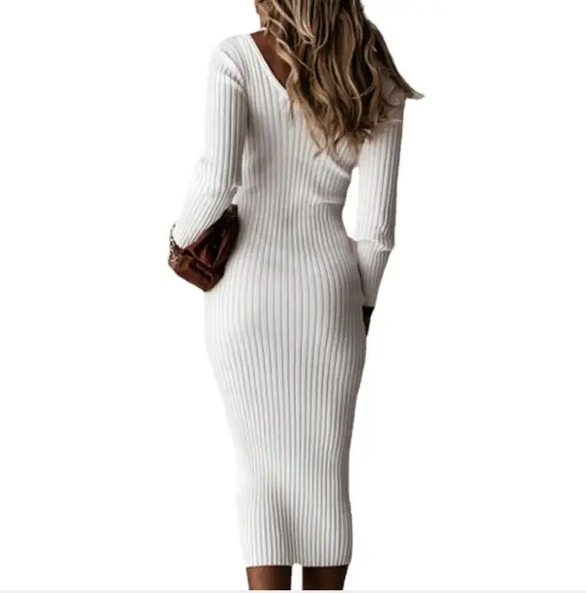 

2021 European and American autumn and winter tight-fitting fashion elegant zipper V-neck solid color long-sleeved pencil dress