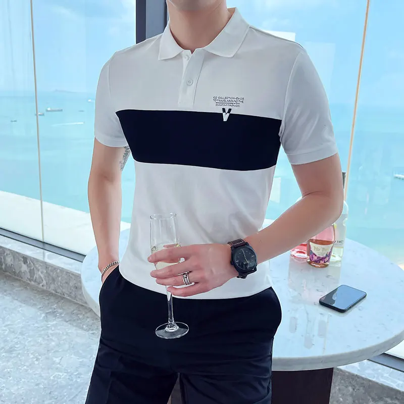 

Holiday Style Black/White Summer Men Polo Shirts Short Sleeve Fashion Patchwork Color Slim Fit Casual Tee Shirt Homme Streetwear