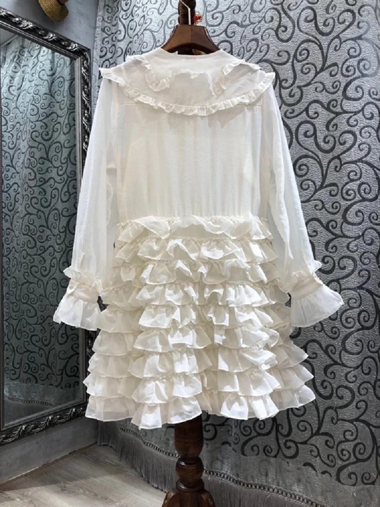 

Top Quality Dress 2021 Spring Summer Fashion Designer Women O-Neck Cascading Ruffle Floral Deco Long Sleeve Silk Cotton Dress