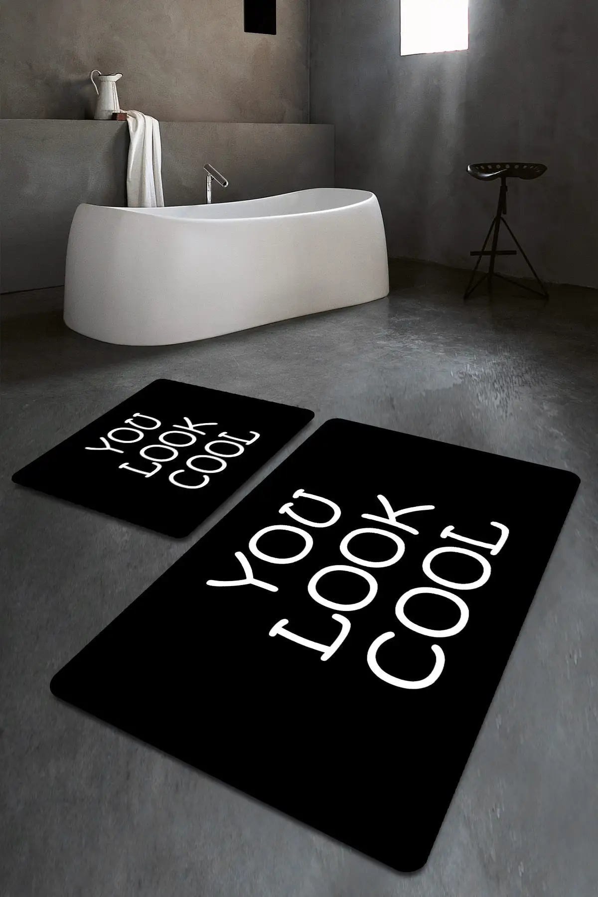 

Modern Washable 2'li Bath Mat Polyester 60x100 Black Anti-Slip Soles Digital Printing Textile Home & Furniture