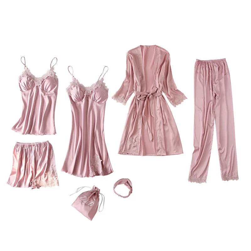 

Summer 7PCS Sleepwear Women Satin Pajamas Set Sexy Lace Kimono Gown Satin Silky Sleep Set Casual Pyjamas Suit With Chest Pad