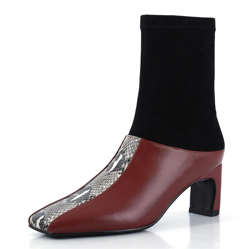 

New Fashion Fall Stitching Leather Ankle Boots Snake Pattern Thick Heel Women Shoes Zip Square Toe Elastic Fabric Short Booties