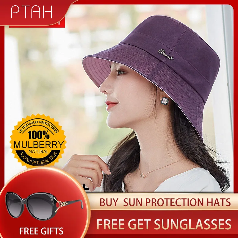 

[PTAH]New 100% Mulberry Silk Hats Summer Sun Protection Breathable Cap Women's UPF50+ Beach Shipping Hat Sun Shade Not Polyester
