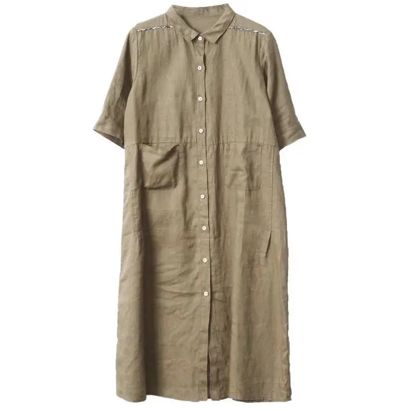 

Literary Loose Solid color cotton-linen short-sleeved single-breasted dress women's mid-length Shirt skirt Lapel Double pocket