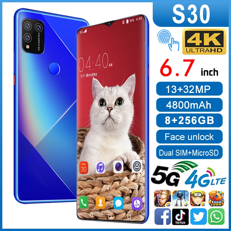 

New S30 Fingerprint ID Andriod Phone 6.7 Inch 8+256GB Face Unlock Smartphones Dual SIM 13+32MP 4800mAh Mobile Phone 5G Network
