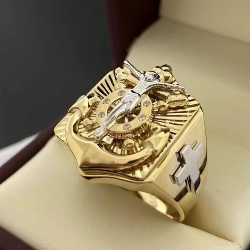 

Creativity Christian Jesus Anchor Cross Rings For Men Luxury Gold Color Male Jewelry Party Accessories Birthday Gifts