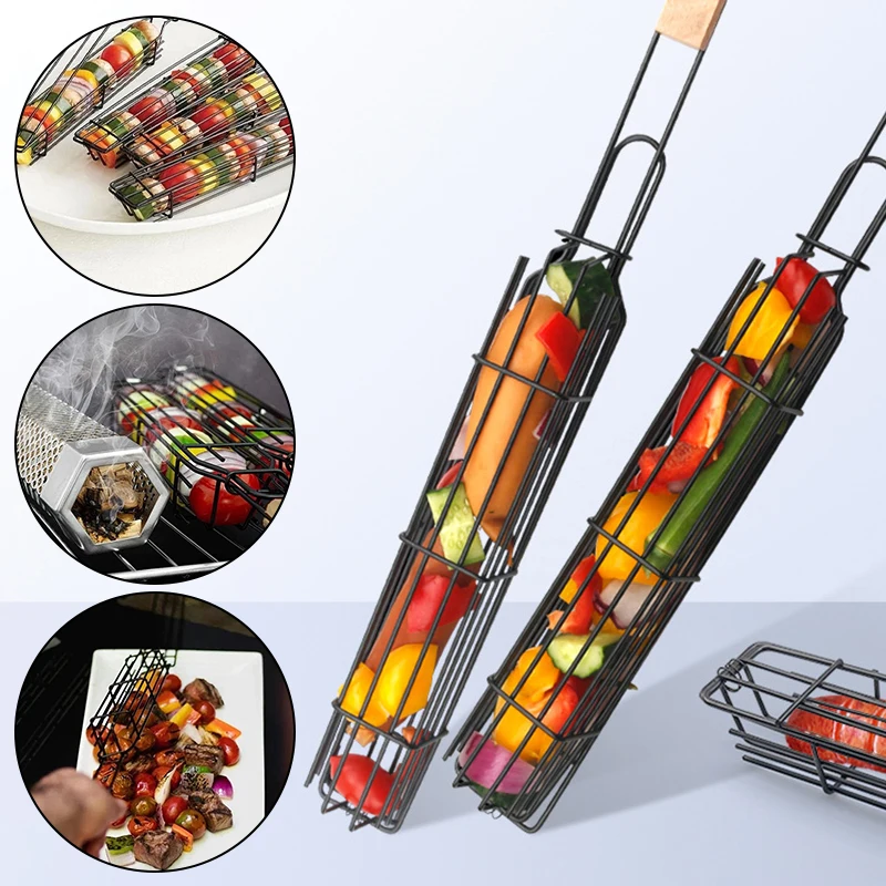 

Stainless Steel Portable Barbecue Clamp Wooden Handle Non-stick Barbecue Mesh Barbecue Clamp Outdoor Kitchen Barbecue Tool
