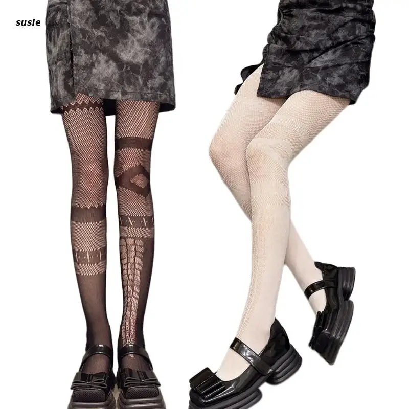 

Women Dark Gothic Punk Fishnet Pantyhose Fake Leg Ring Garter Irregular Cross Patterned Tattoo Tights Lolita Cosplay Sheer