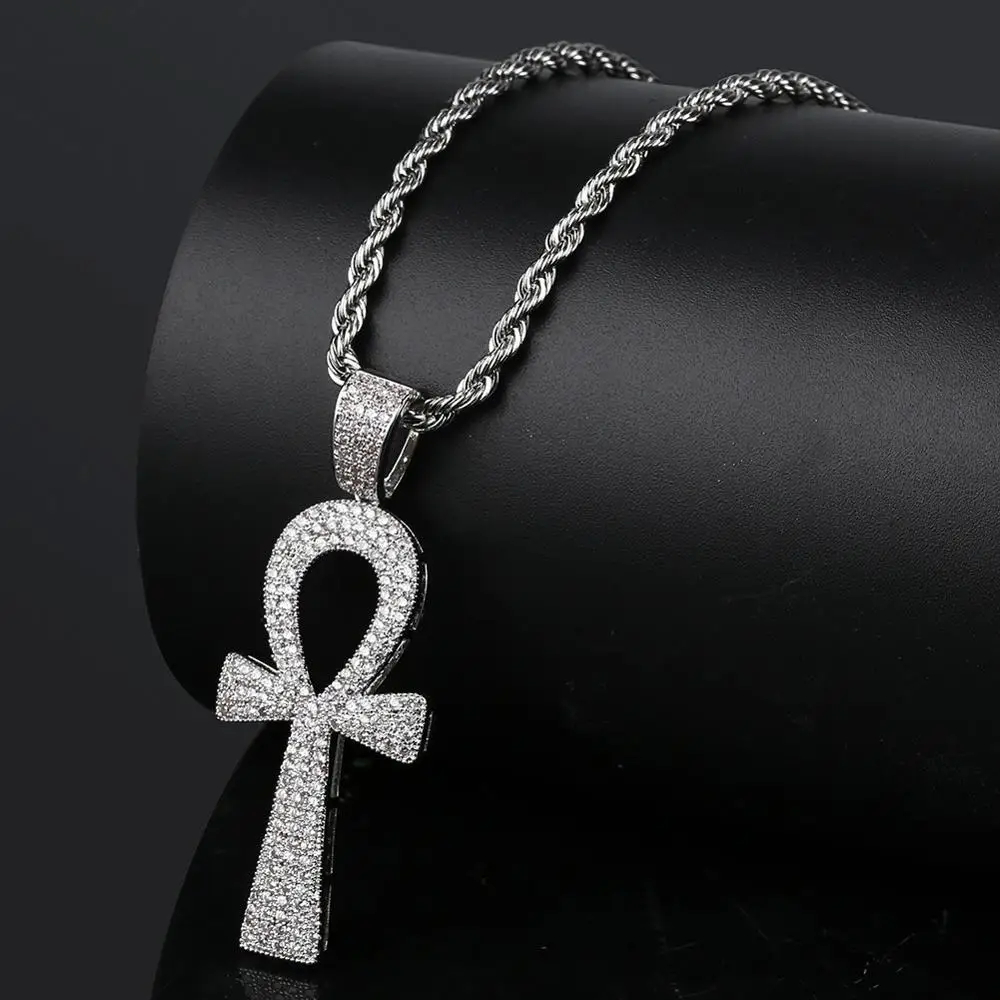 

Hip Hop Silver Gold Color Jesus Egyptian Ankh Key Cross Pendant Necklaces Cubic Zirconia Long Chains for Male and Women Bling