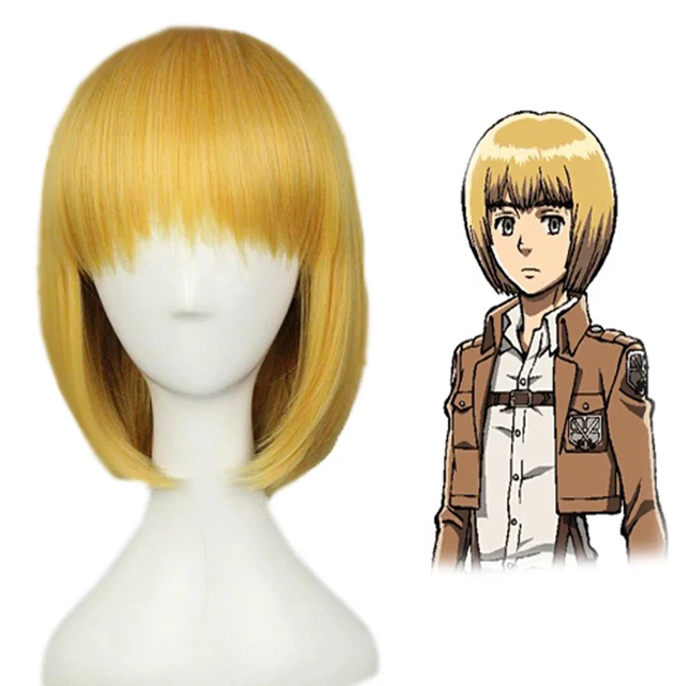 

Attack On Titan Armin Arlert Short Silky Straight Boy's Shaggy Layered Yellow Bob Synthetic Cosplay Wig+ Wig Cap Free Shipping
