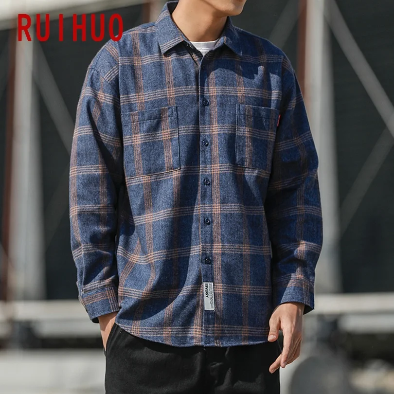 RUIHUO рубашка с длинными рукавами мужские приталенные повседневные клетчатые