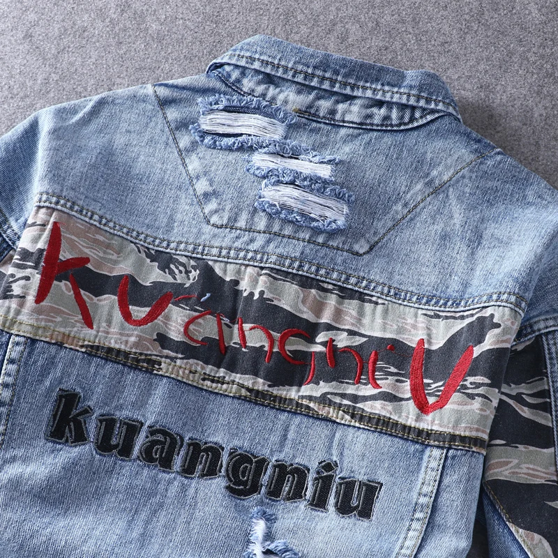 Куртка мужская потертая из денима модная уличная одежда рваная джинсовая куртка