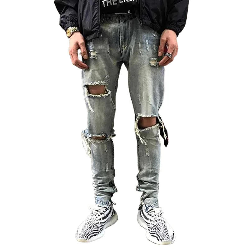 Men's fashion,Ripped ,distressed,elastic trousers,hip hop for men,zipper,casual man,skull,bleached ,Harem Pants,pencil pants