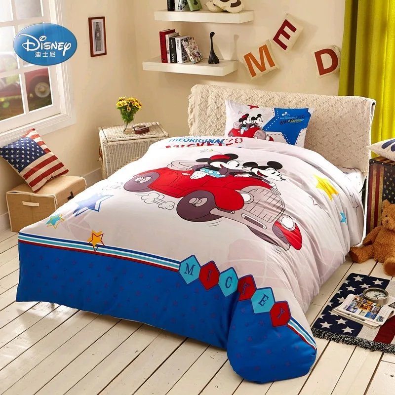 Disney Blue Mickey Mouse and Minnie Bedding Set Children's Bedroom Decoration 100% Cotton Bedsheet Quilt Set 3/4 1.2m 1.5m Bed