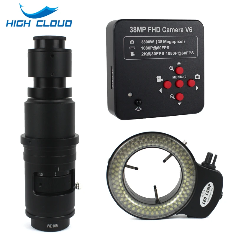 

38MP 2K 1080P 60FPS HDMI USB видеомикроскоп камера 500X Монокуляр с креплением объектива 144LED кольцевая лампа для ремонта печатных плат