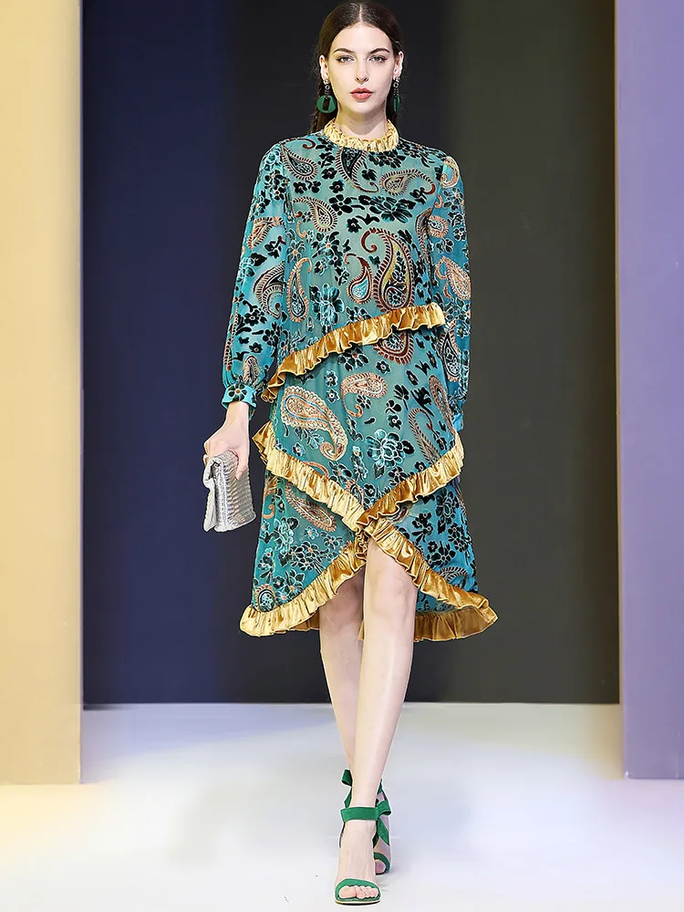 

2021 Autumn New Fashion Heavy Industry Velvet Ruffled Lantern Sleeve Irregular Temperament Party Dress for Women