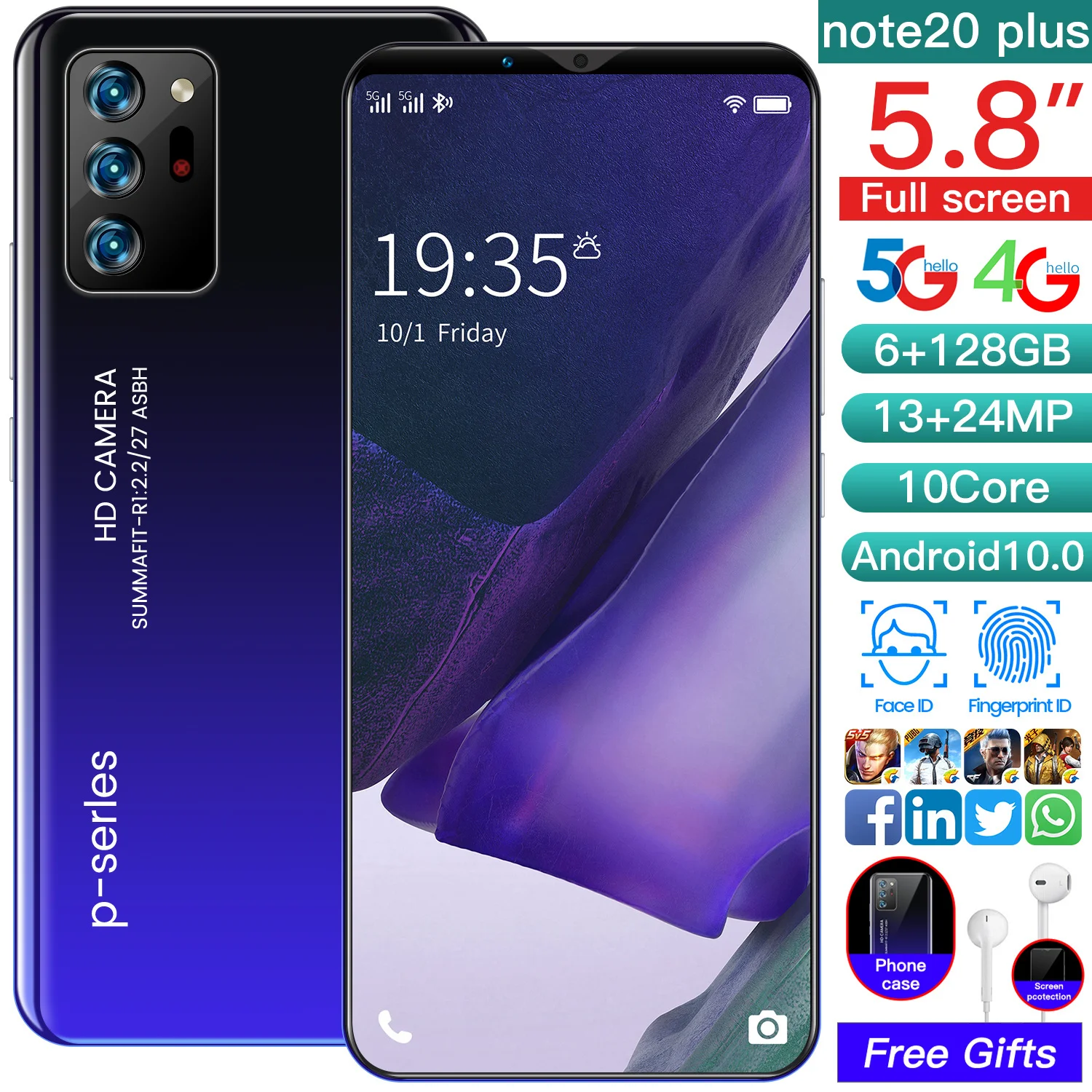 

Hot Sale Note20 Plus 5.8 Inch 4800mAh Dual SIM Andriod Cell Phone MTK6799 6+128GB 10 Core 13+24MP Face Fingerprint ID Smartphone