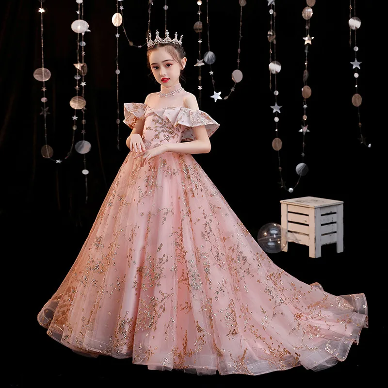 Children Girls High Quality Luxury Sweet Pink Model Catwalk Communication Princess Long Tail Dress Wedding Party Birthday | Детская