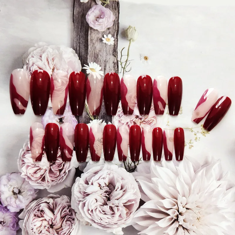 Накладные ногти нажимные 24 шт. винно-красные длинные гробные накладные во