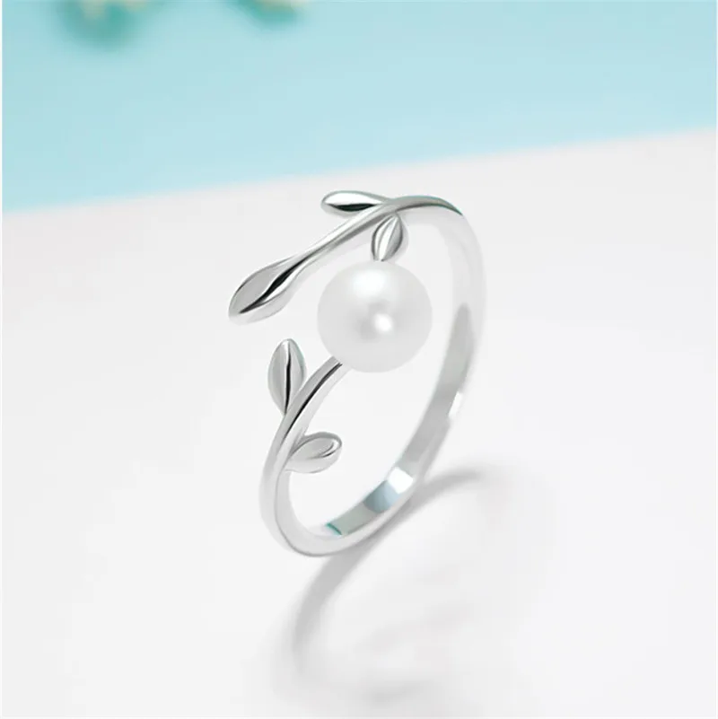 

DAIWUJAN Minimalist 925 Sterling Silver Pearl Index Finger Ring Leaves Branch Open Adjustable Rings For Women Girls Jewelry Gift