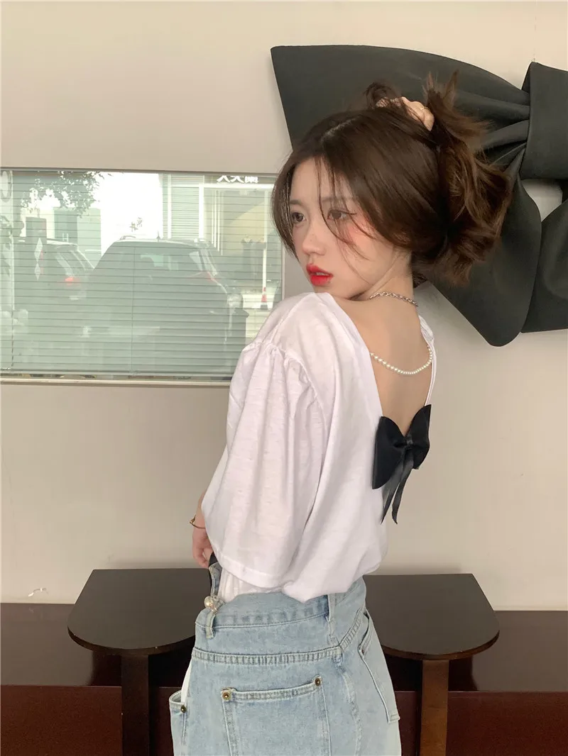 

Solid Color White Green Black Sexy Bow Summer Vintage Clothes For Women Short Sleeve T-Shirt Tops Blouses Vetement Femme 2021