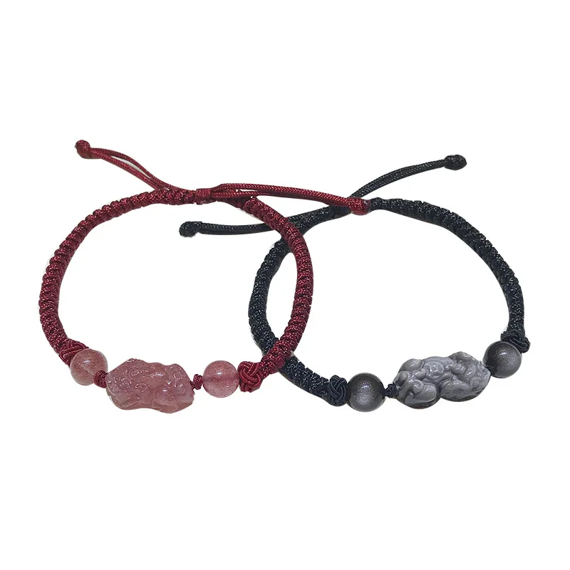

Couple Money Drawing Pi Xiu Crystal Bracelet Men's and Women's Woven Red Rope Strawberry Quartz for Boyfriend
