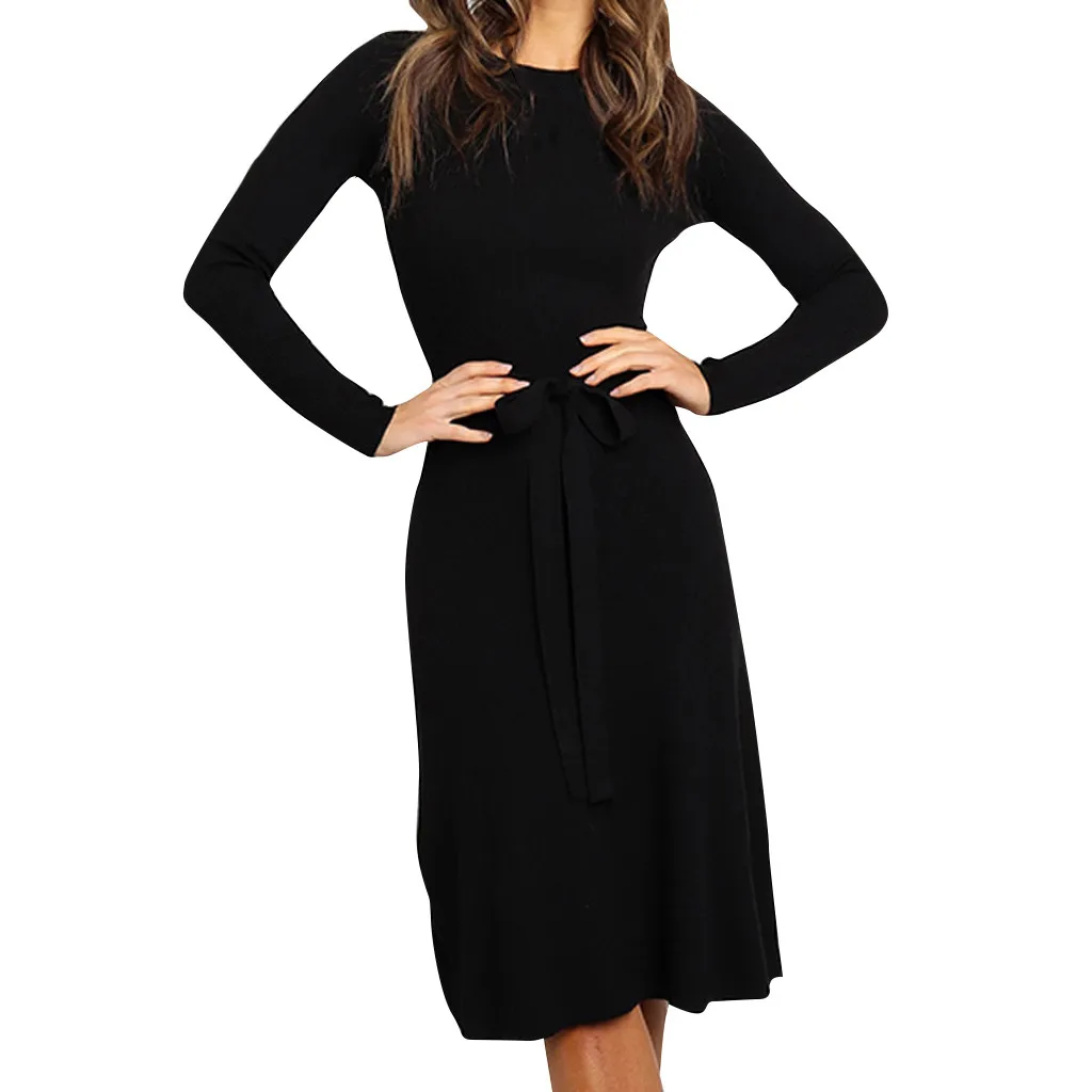 Женское трикотажное платье-свитер с длинным рукавом средней длины | Женская