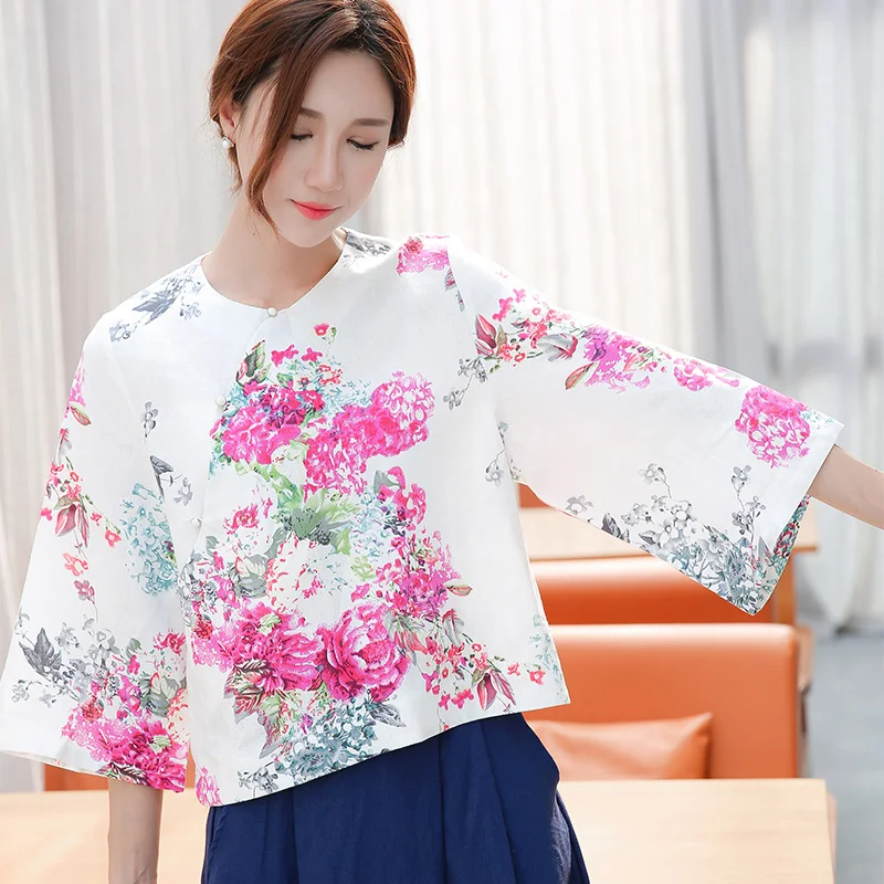 

New Arrival Chinese Traditional Short Cheong-sam Top Women Cotton Linen Loose Blouse Shirt Flare Sleeve t Shirt
