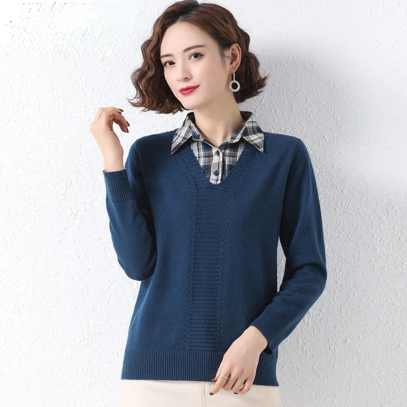 

2022 Spring Autumn Women's New Fake Two-piece Sweater Tops Female Loose Knitted Tops Ladies Long Sleeve Patchwork Tops E875