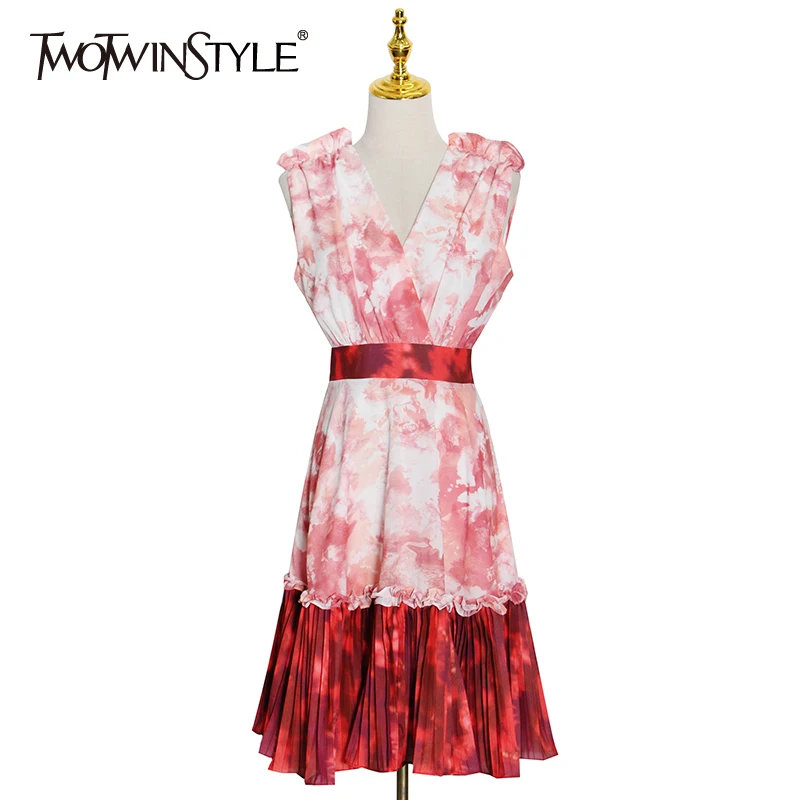 

Женское платье с оборками TWOTWINSTYLE, разноцветное платье средней длины с v-образным вырезом и высокой талией