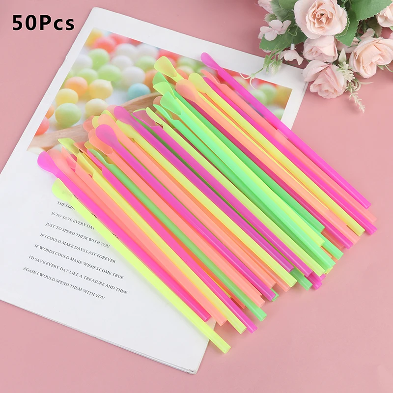 

50pcs Plastic Drinking Straws Spoon Colorful Disposable Tea Tools Straw Eco Friendly Washable Bar Accessories Kitchen Supplies