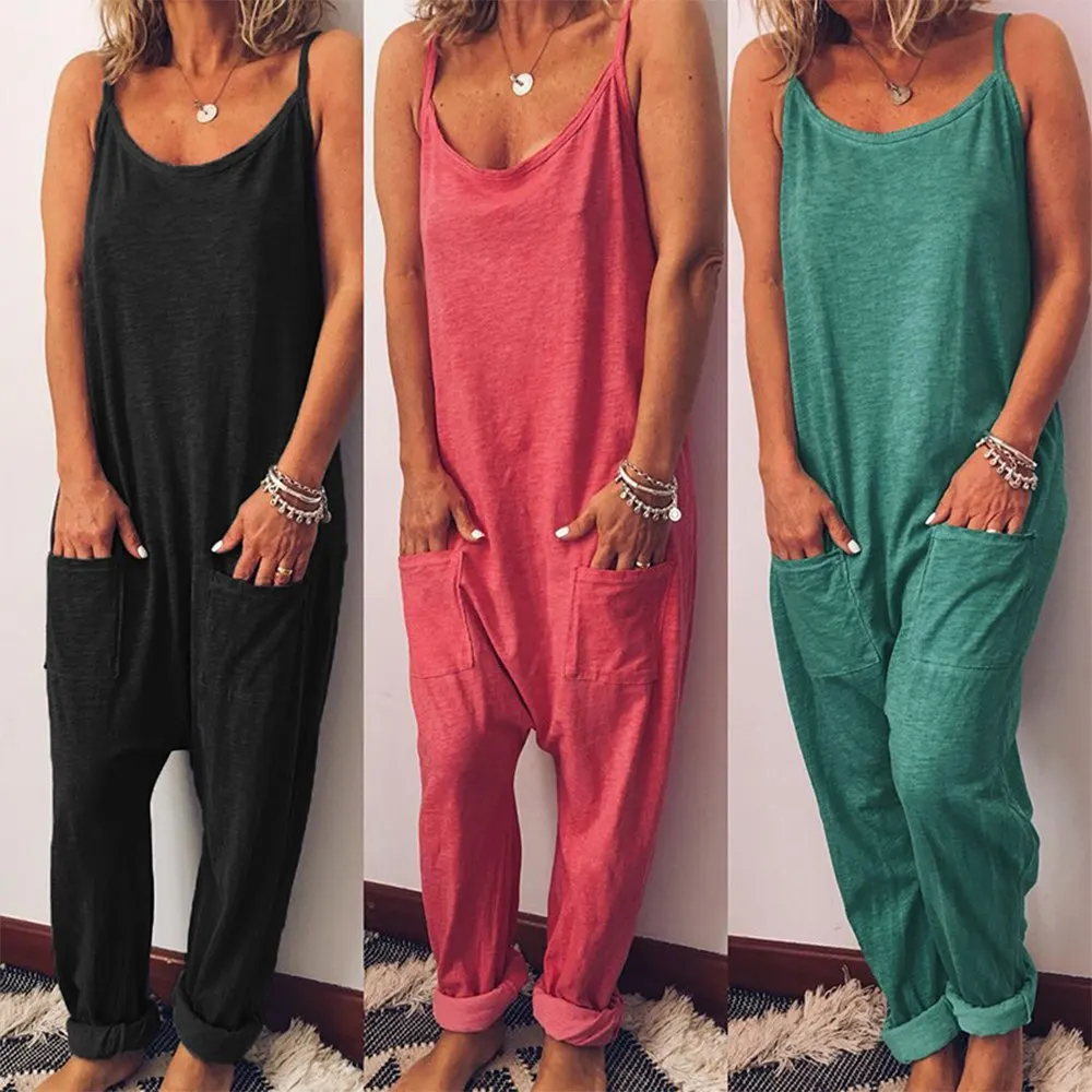 

Oeak Women Casual Plus Size Jumpsuits Summer Beach Romper Solid Sleeveless Overalls Long Pocket Jumpsuit Wide Leg Pants
