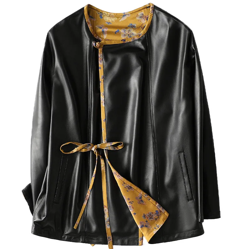 High Street Sheepskin Mid Length Black Jacket Printed Lining Women's Genuine  Leather New Casual Coat 2021 Spring Clothing