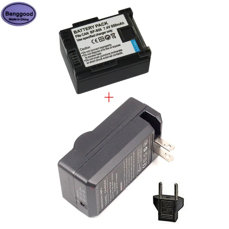 

850mAh BP-808 BP808 Camera Battery + AC Charger For Canon BP-809 BP-819 BP-827 FS200 FS21 FS22 FS100 FS10 FS11 HF200 HF20 HFS100