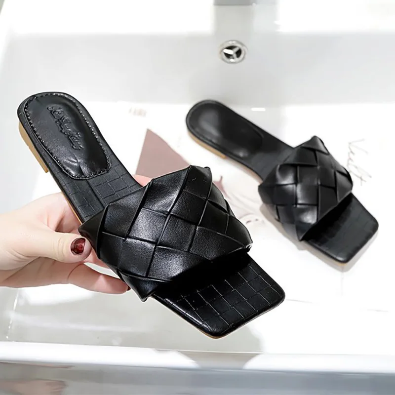

Women Sandals Slippers Shoes 2020 New Brand Weave Leather Open Toe Flat Casual Slides Summer Outdoor Beach Female Flip Flops
