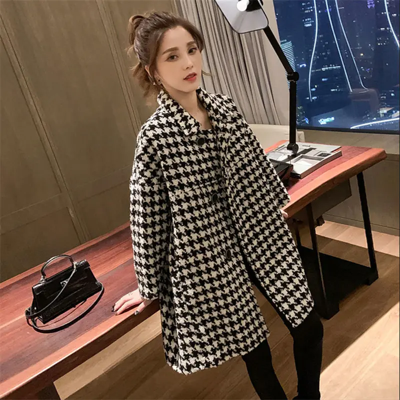 

2021 Winter Warm Women Houndstooth Plaid Woolen Jacket Women Clothes Tops Female Casual Wool Blend Coats Outerwear Y863