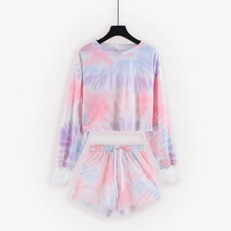 Женский комплект с шортами топы длинным рукавом и круглым вырезом штаны новинка