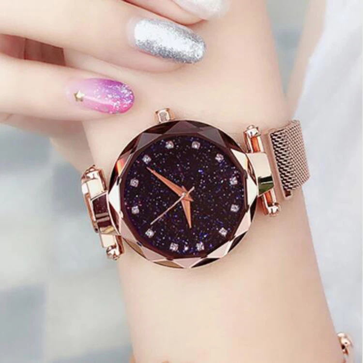 

Gold Mesh Women Watches Laides Diamond Luxury Magnetic Wrist Watch Girls Starry Sky Crystal Quartz Clock Gift Relogio Feminino