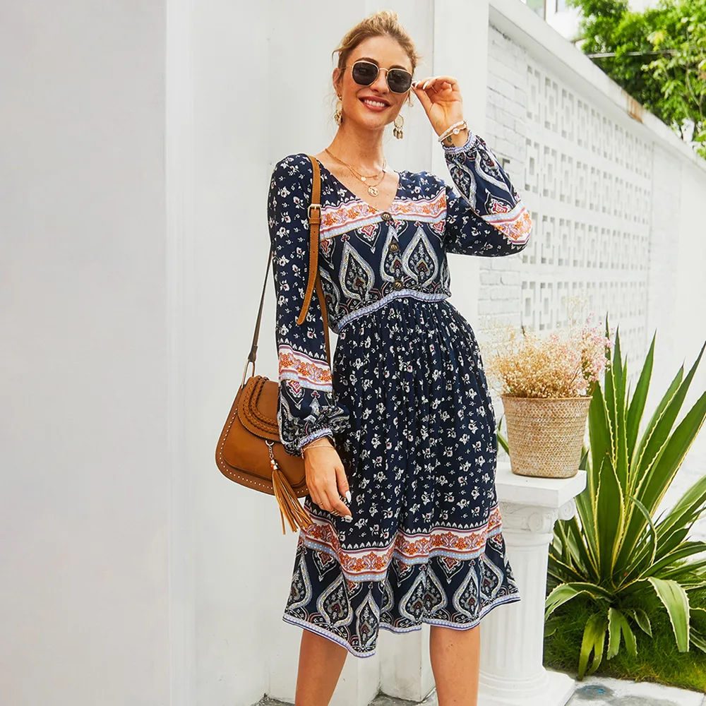 Женское платье с длинным рукавом TEELYNN Хлопковое цветочным принтом v образным