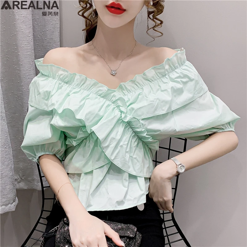 

blusas mujer de moda 2021 sweet Women Ruffles Blouses white green Elegant Off Shoulder Sexy shirts summer puff Sleeve top femme
