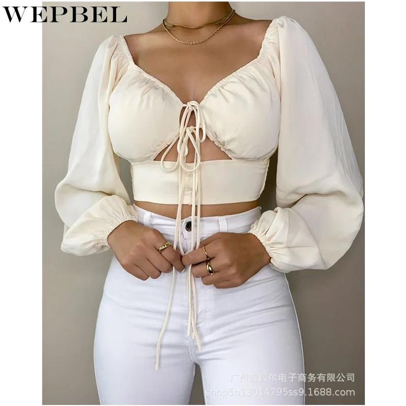

WEPBEL женский сексуальный бандажный короткий топ, женская элегантная модная короткая футболка с длинными рукавами-фонариками и V-образным вы...