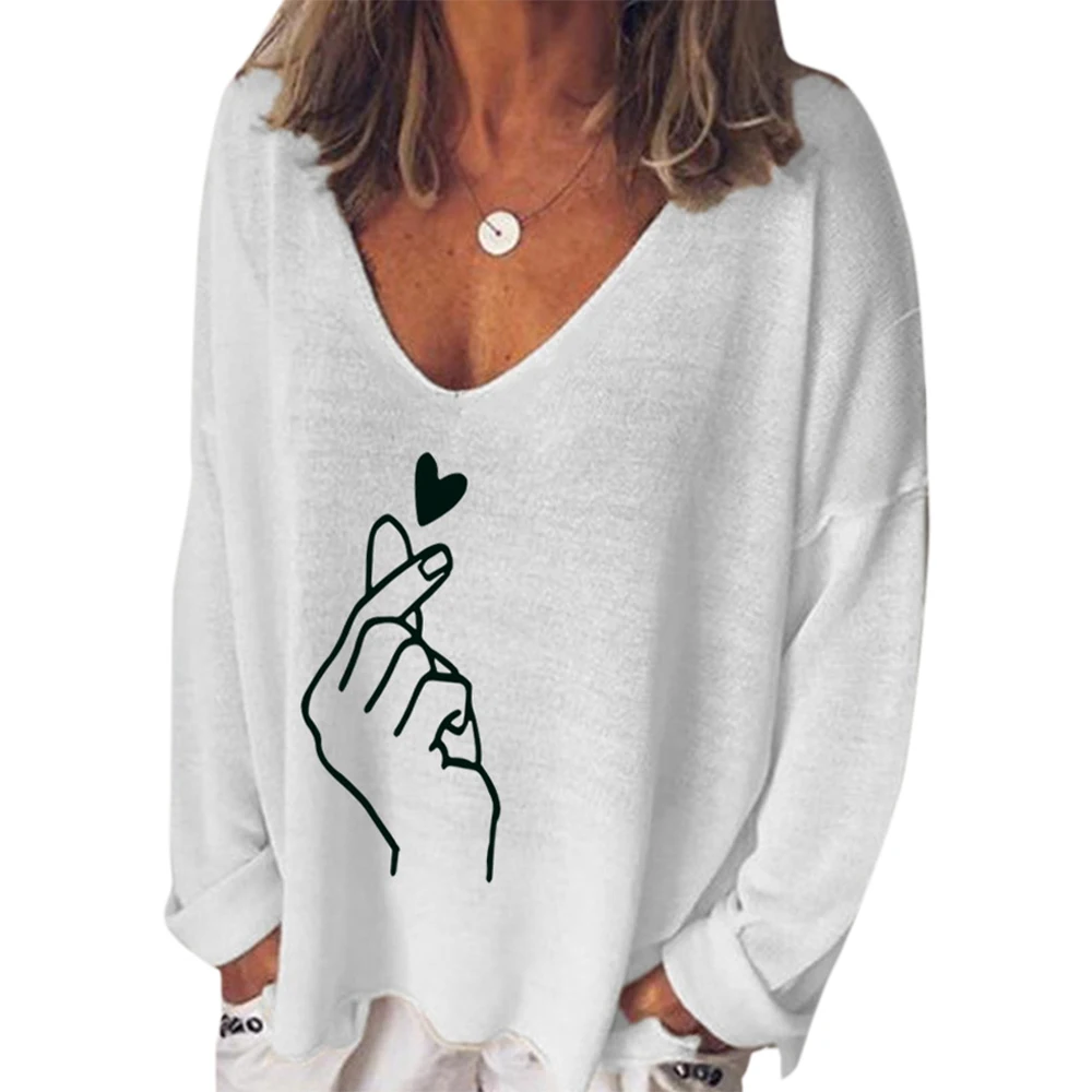 

Женская футболка с принтом, Осенний Топ с длинным рукавом и v-образным вырезом, пуловеры, женская одежда, повседневный Топ, свободная женская...
