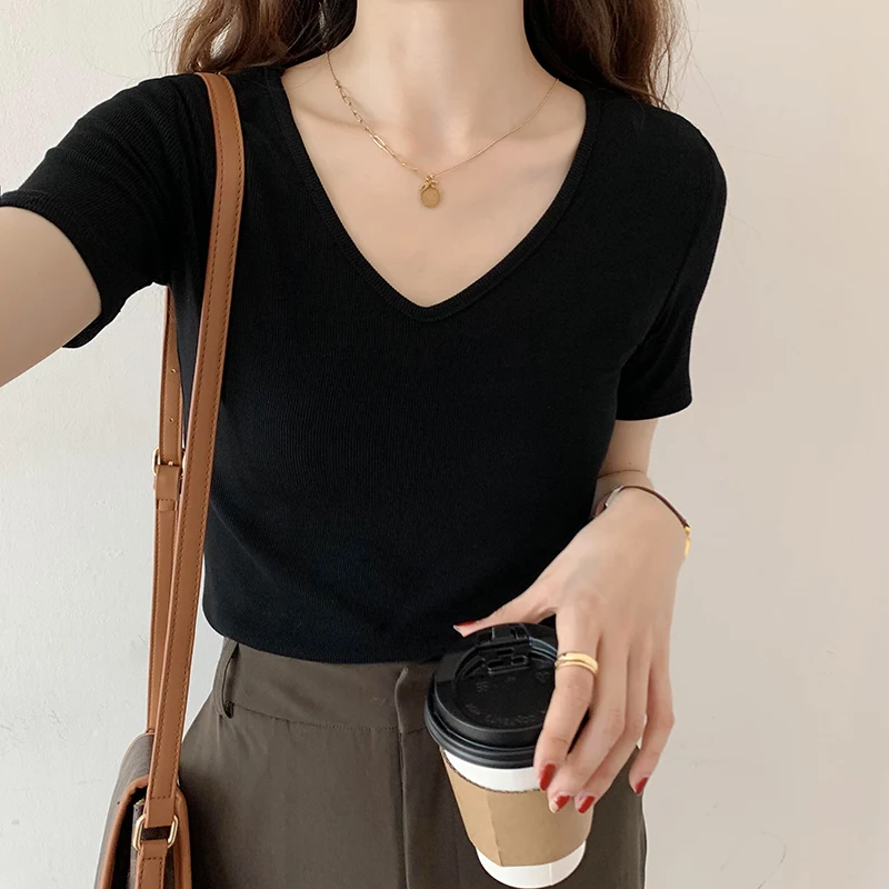 

High Quality Basic V Neck T Shirt for Women 2021 Summer Korean Fashion Slim Clothes Girls Solid Color Tops Tee Casual Streetwear