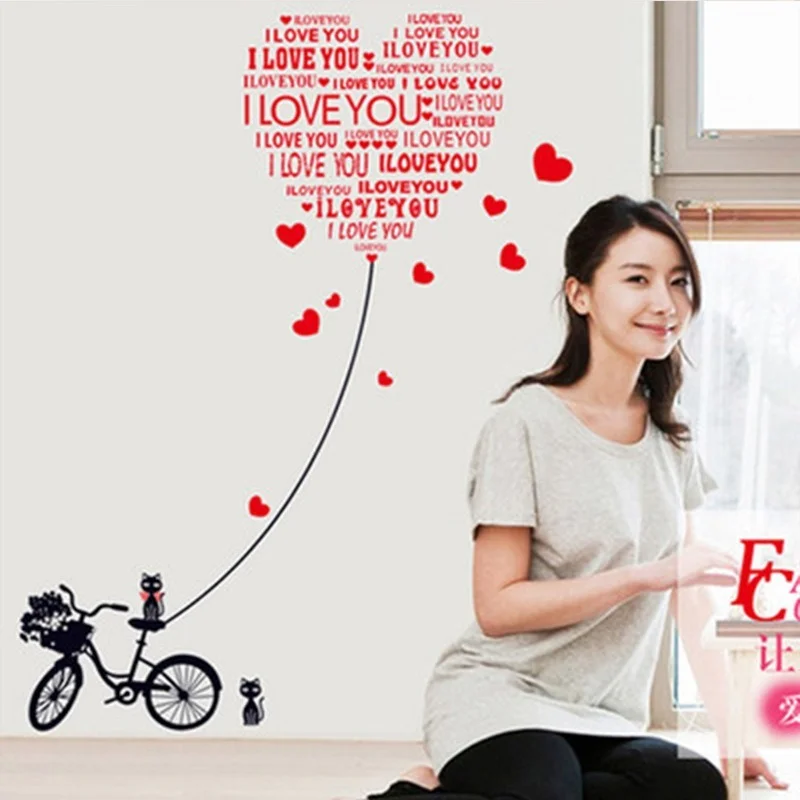

Removable Wall Stickers Cat Bike Love Bedroom Love English TV Sofa Background Wall