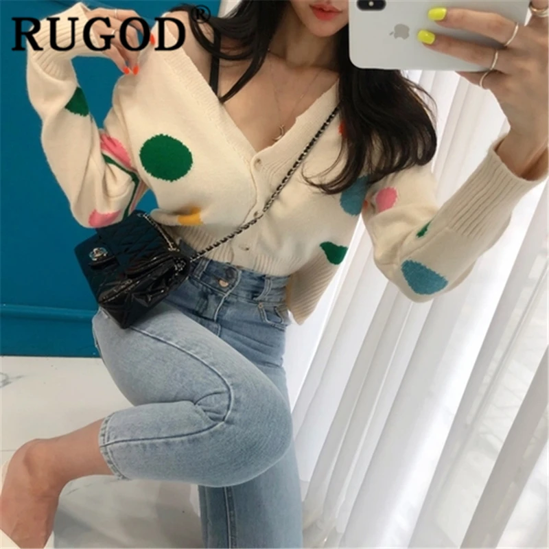 RUGOD 2019 New autumn arrival special sweater cardigans women v neck dot high waist elastic slim knit coat fashion femme korean |